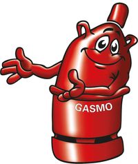 Rote Gasflasche mit Gasmo Aufschrift und lächelnden Gesicht
